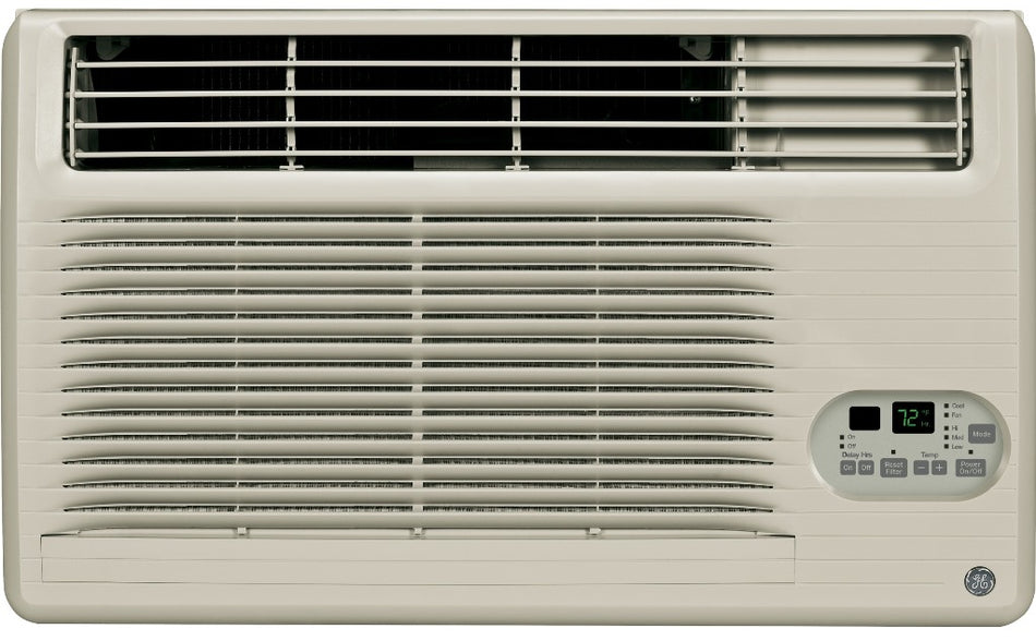 GE AJEM12DWH Through the Wall Air Conditioner with Electric Heat, 10,600 BTU, 230/208 Volt, High Mount Model, EER Rating of 9.5, Electronic Digital Controls with Remote Control, Wall Sleeves Needed for New Installations Sold Separately