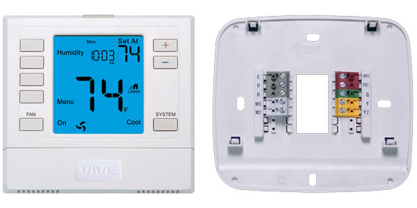 VIVE TP-S-755 Universal Digital Residential Thermostat, 2 Heat, 2 Cool Conventional, 3 Heat, 2 Cool Heat Pump, Battery or Hardwire, 5/1/1 or Non-programmable